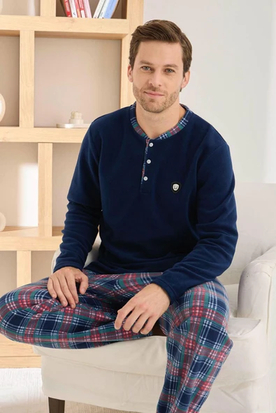 Pijamoni Erkek Düğme Yaka Kışlık Polar Pijama Takımı 6100/6,1 - 1 Adet  M Lacivert ürün görseli 1
