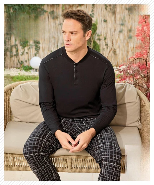 Pijamoni Erkek Düğme Yaka Uzun Kol Mevsimlik Pijama Takımı 6810/17 - 1 Adet  Siyah 2XL ürün görseli 1