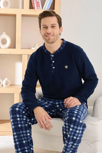 Pijamoni Erkek Düğme Yaka Kışlık Polar Pijama Takımı 6100/8,1 - 1 Adet  Lacivert 2XL ürün görseli 1