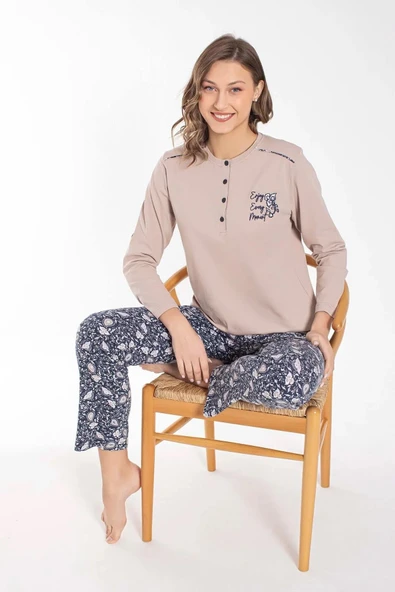 Senfoni Kadın Düğme Yaka Uzun Kol Pamuklu Pijama Takımı 6021 -1 Adet  S - M Bej ürün görseli 1