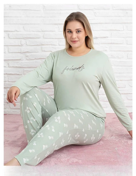 Pijamoni Kadın Milan Büyük Beden Bisiklet Yaka Uzun Kol İnce Pijama Takımı 7666/28 - 1 Adet  4XL Su Yeşil ürün görseli 1