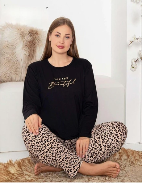Pijamoni Kadın Milan Büyük Beden Bisiklet Yaka Uzun Kol İnce Pijama Takımı 7666/10- 1 Adet  4XL Siyah ürün görseli 1