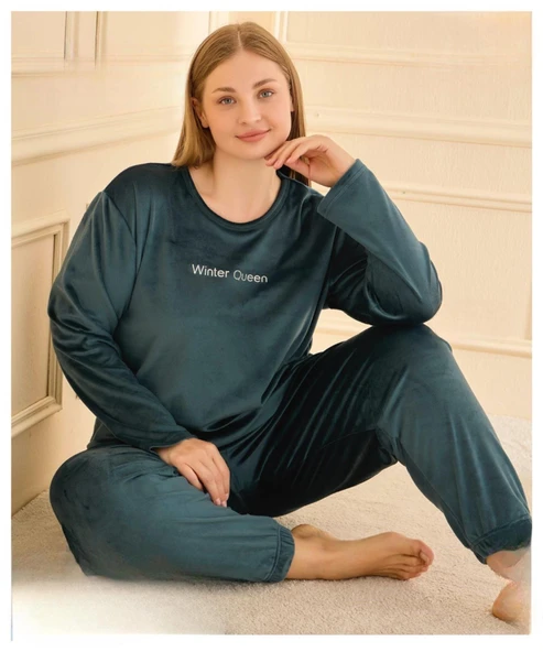 Mihra Kadın Kışlık Bisiklet Yaka Kadife Battal Pijama Takımı 132214P - 1 Adet  5XL Petrol ürün görseli 1