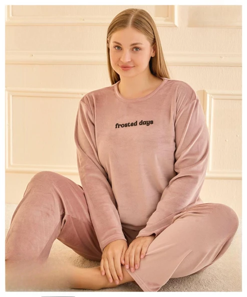 Mihra Kadın Kışlık Bisiklet Yaka Kadife Battal Pijama Takımı 132213P - 1 Adet  Pudra 3XL ürün görseli 1