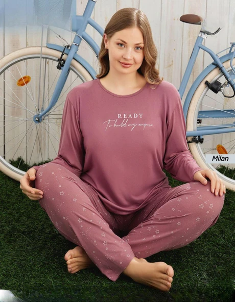 Pijamoni Kadın Milan Büyük Beden Bisiklet Yaka Uzun Kol İnce Pijama Takımı 7666/26 - 1 Adet  4XL Gül Kurusu ürün görseli 1
