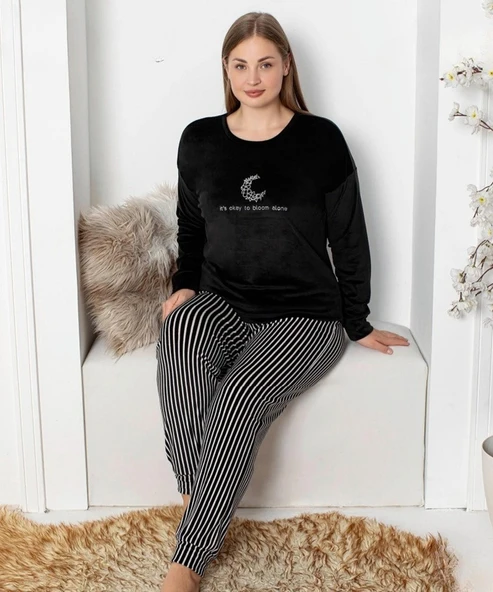 Pijamoni Kadın Kadife Büyük Beden Bisiklet Yaka Uzun Kol Pijama Takımı 4230/5- 1 Adet  Siyah 3XL ürün görseli 1