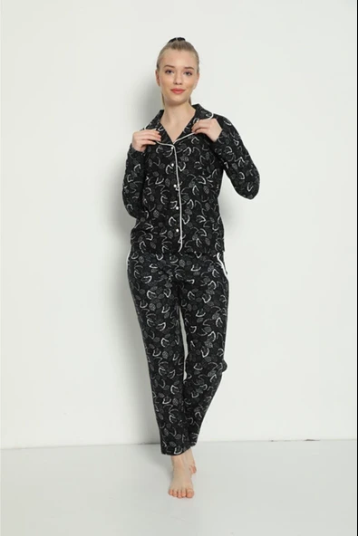 Pijamoni Kadın Süet Boydan Düğmeli Pijama Takımı - 5660-16  XL Siyah ürün görseli 1