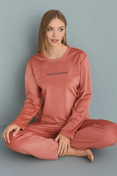Mihra Kadın Kışlık Bisiklet Yaka Kadife Pijama Takımı 13166P - 1 Adet  S - M Pudra ürün görseli 1