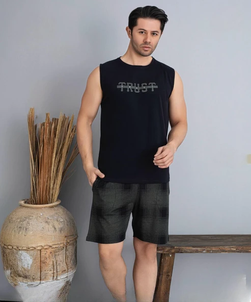 Pijamoni Erkek Bisiklet Yaka Kolsuz Şortlu Pijama Takımı 6185/3 - 1 Adet  Siyah L ürün görseli 1