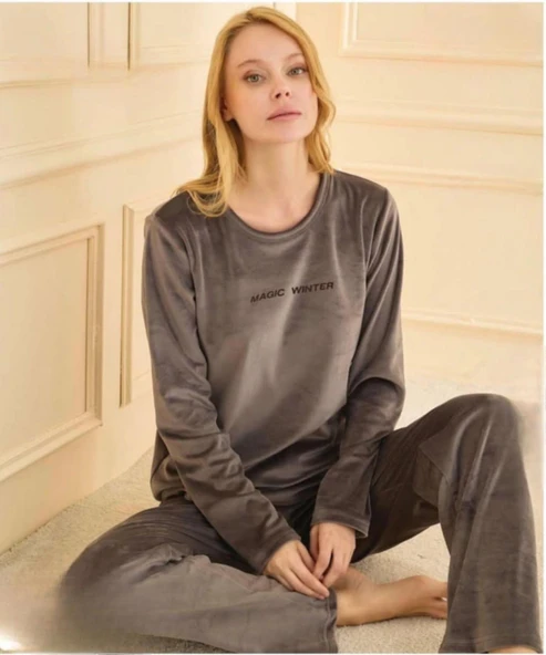 Mihra Kadın Kışlık Bisiklet Yaka Kadife Pijama Takımı 13166FÜ - 1 Adet  XL Füme ürün görseli 1