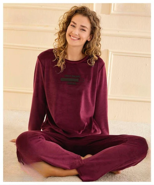 Mihra Kadın Kışlık Bisiklet Yaka Kadife Pijama Takımı 13166M - 1 Adet  S - M Mürdüm ürün görseli 1