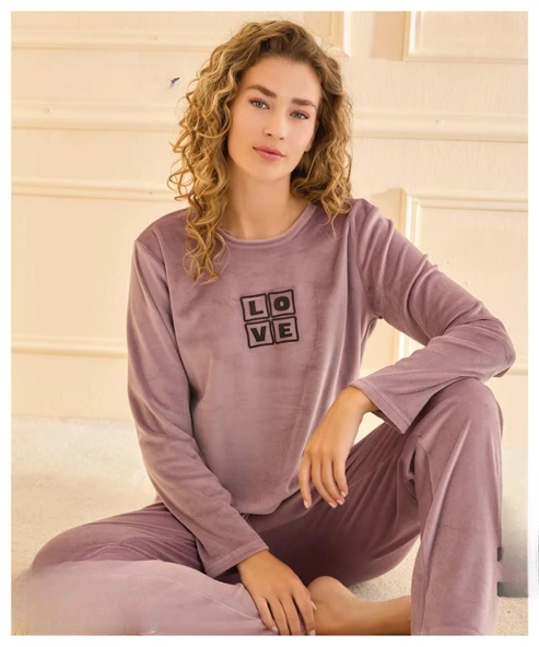 Mihra Kadın Kışlık Bisiklet Yaka Kadife Pijama Takımı 13166L - 1 Adet  S - M Lila ürün görseli 1