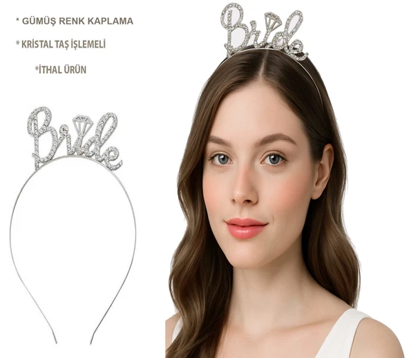 Gümüş Renkli Taşlı “Bride” Gelin Tacı ürün görseli 1