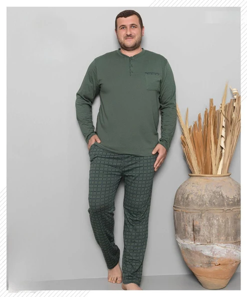 Pijamoni Erkek Battal Düğme Yaka Penye Uzun Kol  Pijama Takımı 6720/7 - 1 Adet  Yeşil 3XL ürün görseli 1