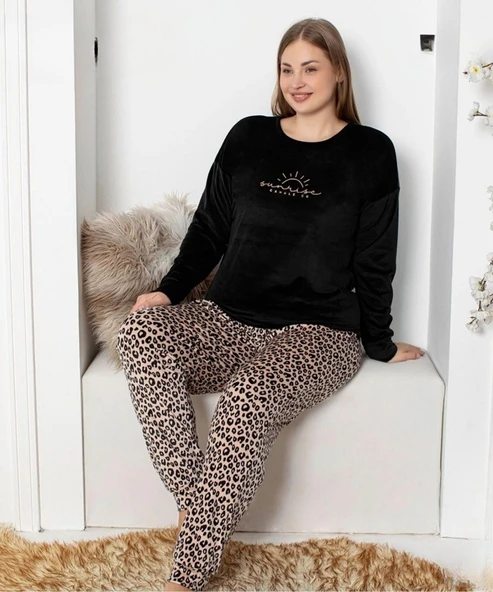 Pijamoni Kadın Kadife Büyük Beden Bisiklet Yaka Uzun Kol Pijama Takımı 4230/1- 1 Adet  Siyah 3XL ürün görseli 1