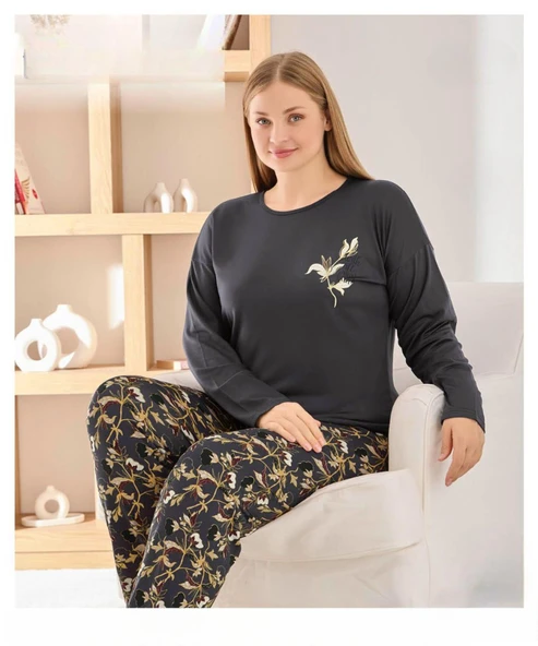 Pijamoni Kadın Sofya Büyük Beden Bisiklet Yaka Uzun Kol İnce Pijama Takımı 8720/9- 1 Adet  4XL Siyah ürün görseli 1