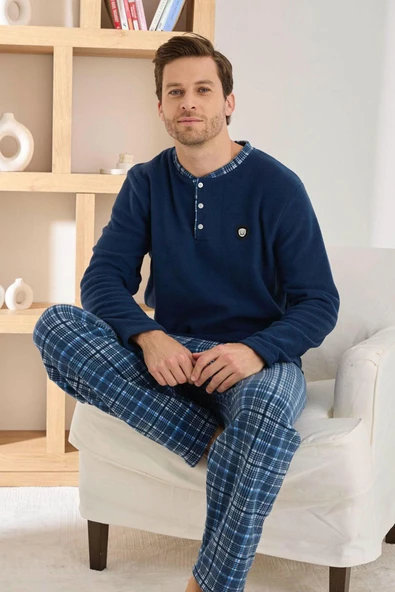 Pijamoni Erkek Düğme Yaka Kışlık Polar Pijama Takımı 6100/5,5 - 1 Adet  M Lacivert ürün görseli 1