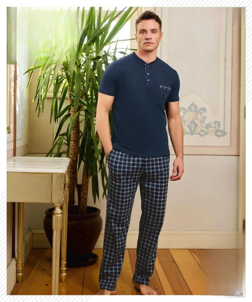 Pijamoni Erkek Düğme Yaka Kısa Kol  Pijama Takımı 6850/10 - 1 Adet  Lacivert 2XL ürün görseli 1