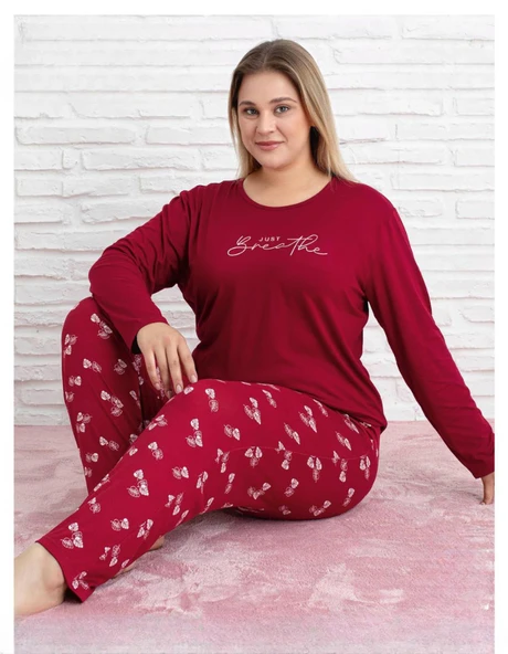 Pijamoni Kadın Milan Büyük Beden Bisiklet Yaka Uzun Kol İnce Pijama Takımı 7666/29 - 1 Adet  Kırmızı 5XL ürün görseli 1