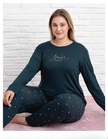 Pijamoni Kadın Milan Büyük Beden Bisiklet Yaka Uzun Kol İnce Pijama Takımı 7666/33 - 1 Adet  3XL Petrol ürün görseli 1