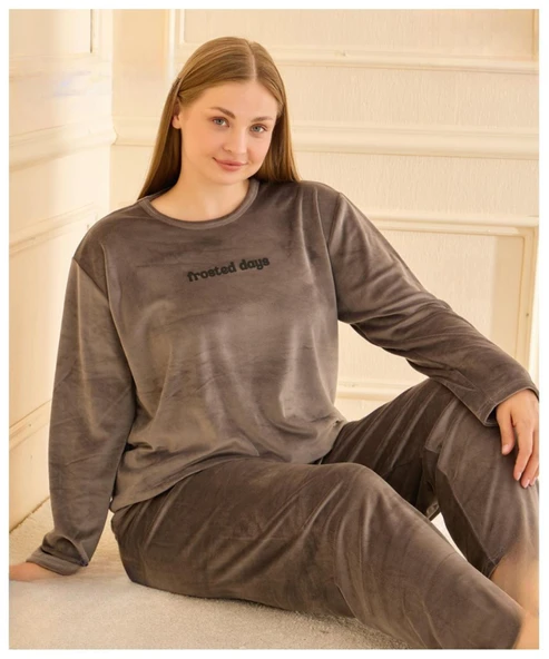 Mihra Kadın Kışlık Bisiklet Yaka Kadife Battal Pijama Takımı 132213G - 1 Adet  Gri 5XL ürün görseli 1