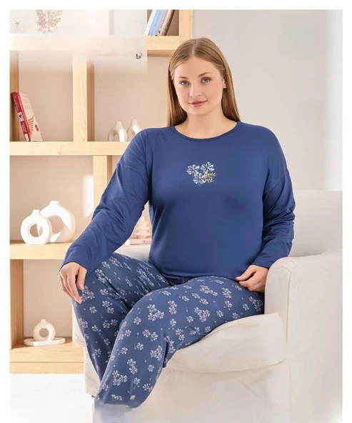Pijamoni Kadın Sofya Büyük Beden Bisiklet Yaka Uzun Kol İnce Pijama Takımı 8720/4- 1 Adet  4XL Mavi ürün görseli 1