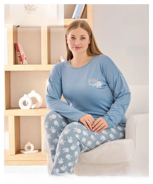 Pijamoni Kadın Sofya Büyük Beden Bisiklet Yaka Uzun Kol İnce Pijama Takımı 8720/1- 1 Adet  Mavi 5XL ürün görseli 1