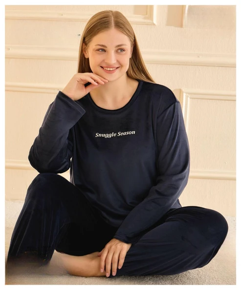 Mihra Kadın Kışlık Bisiklet Yaka Kadife Battal Pijama Takımı 13212L - 1 Adet  4XL Lacivert ürün görseli 1