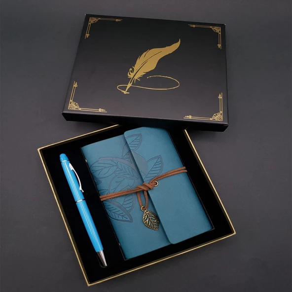 Siyah Kutulu Yaprak Desenli Mavi Deri Defter Ve Kalem Seti ürün görseli 1