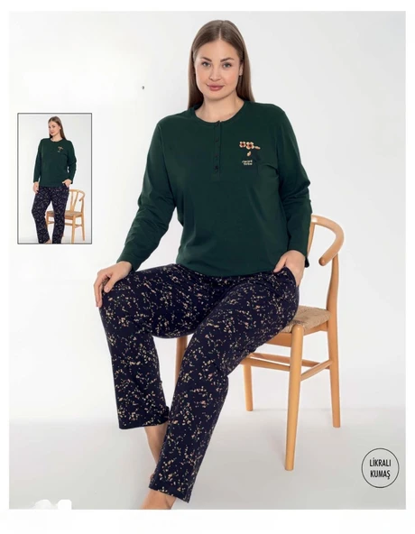 Senfoni Kadın Büyük Beden Düğmeli Yaka Uzun Kol Pamuk Likralı Pijama Takımı 6096 -1 Adet  Haki 3XL ürün görseli 1