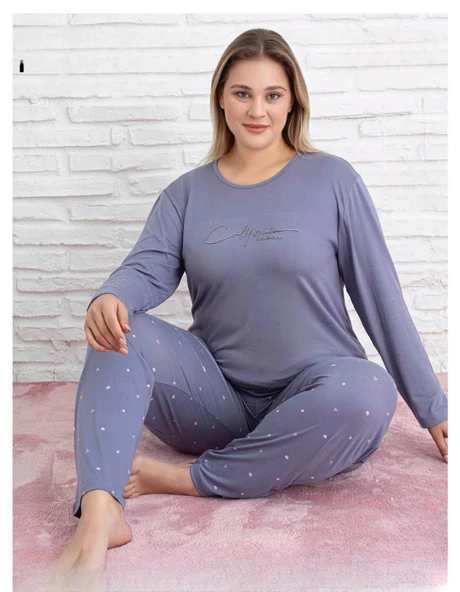Pijamoni Kadın Milan Büyük Beden Bisiklet Yaka Uzun Kol İnce Pijama Takımı 7666/34 - 1 Adet  5XL Lila ürün görseli 1