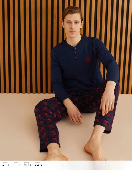 Pijamoni Erkek Süprem Slim Fit Uzun Kol İnce Pijama Takımı 6300 / 2 - 1 Adet  XL Lacivert ürün görseli 1