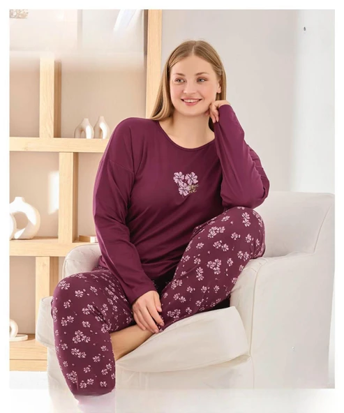 Pijamoni Kadın Sofya Büyük Beden Bisiklet Yaka Uzun Kol İnce Pijama Takımı 8720/3- 1 Adet  4XL Bordo ürün görseli 1