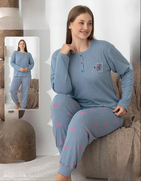 Lindros Kadın Pamuk'lu Düğme Yaka Raporlu İnterlok KIŞLIK Battal Pijama Takımı 0242 - 1 Adet   Mavi 3XL ürün görseli 1