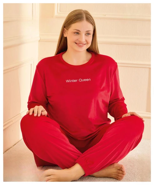 Mihra Kadın Kışlık Bisiklet Yaka Kadife Battal Pijama Takımı 132214K - 1 Adet  4XL Kırmızı ürün görseli 1