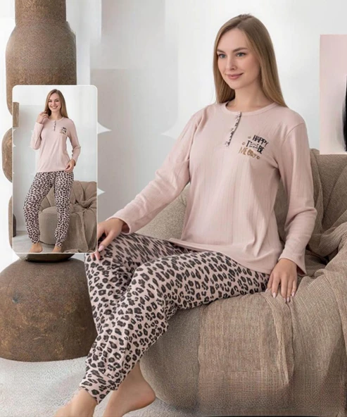 Lindros Kadın Pamuk'lu Düğme Yaka Raporlu İnterlok KIŞLIK Pijama Takımı 0248 - 1 Adet   2XL Bej ürün görseli 1