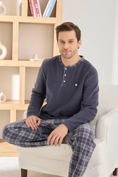 Pijamoni Erkek Düğme Yaka Kışlık Polar Pijama Takımı 6100/7.7 - 1 Adet  M Antrasit ürün görseli 1