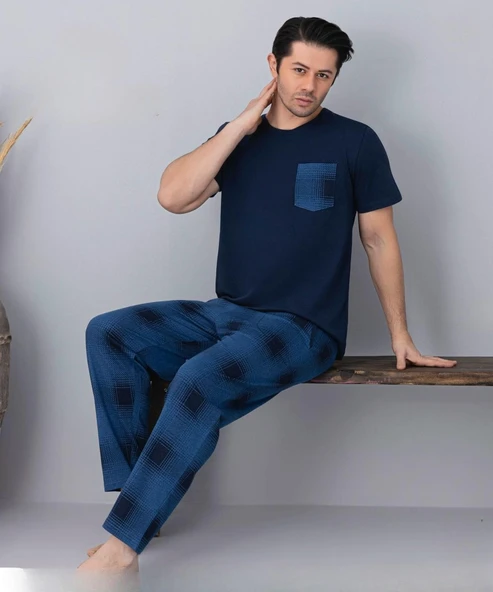 Pijamoni Erkek Bisiklet Yaka Kısa Kol İnce Pijama Takımı 6163/5 - 1 Adet  M Lacivert ürün görseli 1