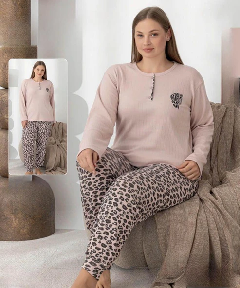 Lindros Kadın Pamuk'lu Düğme Yaka Raporlu İnterlok KIŞLIK Battal Pijama Takımı 0251 - 1 Adet   5XL Bej ürün görseli 1