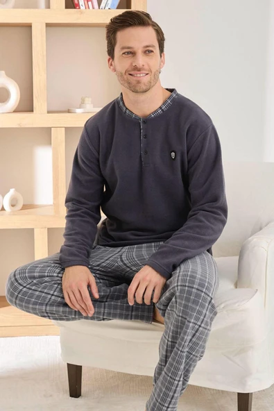 Pijamoni Erkek Düğme Yaka Kışlık Polar Pijama Takımı 6100/14,1 - 1 Adet  M Füme ürün görseli 1