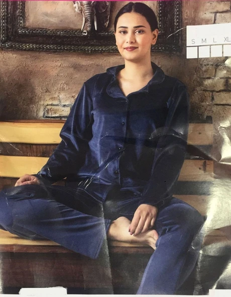 Sude Kadın Kışlık Gömlek Yaka Kadife  Pijama Takımı M22/1 - 1 Adet  L Lacivert ürün görseli 1