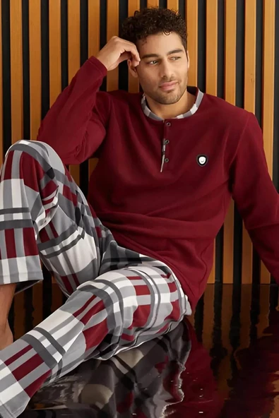Pijamoni Erkek Düğme Yaka Kışlık Polar Pijama Takımı 6100/15 - 1 Adet  M Bordo ürün görseli 1