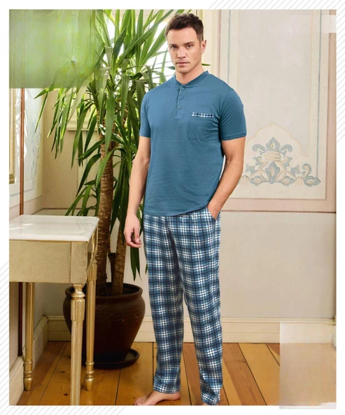 Pijamoni Erkek Düğme Yaka Kısa Kol  Pijama Takımı 6850/8 - 1 Adet  L Mavi ürün görseli 1