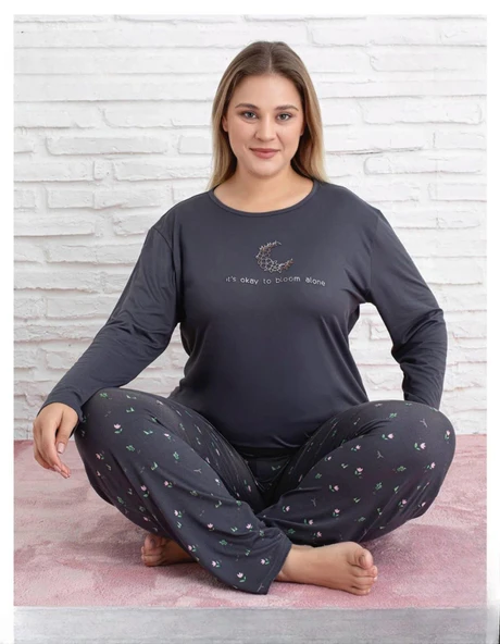 Pijamoni Kadın Milan Büyük Beden Bisiklet Yaka Uzun Kol İnce Pijama Takımı 7666/30 - 1 Adet  Füme 3XL ürün görseli 1