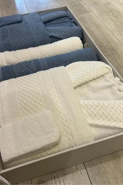 Bayev Minteks Viyana Mavi - Beyaz 8 Parça Havlulu Bornoz Seti - Aile Banyo Havlu Bornoz Aile Seti ürün görseli 1
