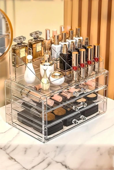 Bayev Ruby Şeffaf Organizer Set – 3 Çekmeceli Dior ve 16 Bölmeli Ruby Düzenleyici Makyaj Organizeri ürün görseli 1