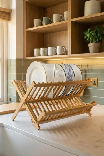 Bayev Bambu Katlanabilir Bulaşıklık 700593 - Ahşap 47 x 32 Tabaklık ürün görseli 1