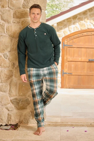Pijamoni Erkek Düğme Yaka Kışlık Polar Pijama Takımı 6100/4Y - 1 Adet  Yeşil 2XL ürün görseli 1