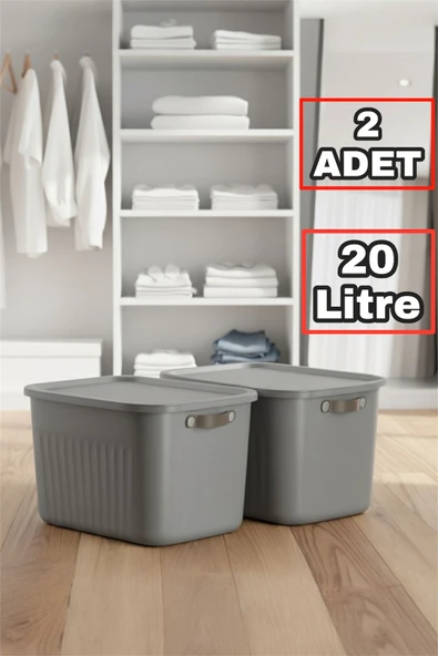 Bayev 2 Adet Gri 20 Lt Boxsis Set Mega Boy Çok Amaçlı Kapaklı Kutu Dolap Düzenleyici Organizer-Hobi Kutusu ürün görseli 1