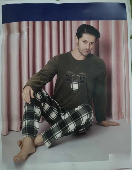 Sude Erkek Bisiklet Yaka Kışlık Polar Pijama Takımı A100/71 - 1 Adet  XL Haki ürün görseli 1